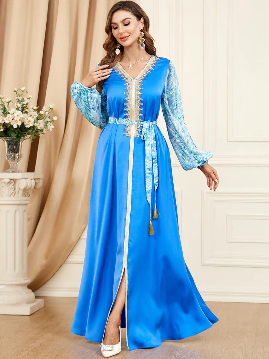 Elegant Muslim Maxi Dress for Women Refreshing Mint Green Summer Abaya Ethnic Golden Ribbon V Neck Beaded Long Sleeve Jalabiya Blue Dress