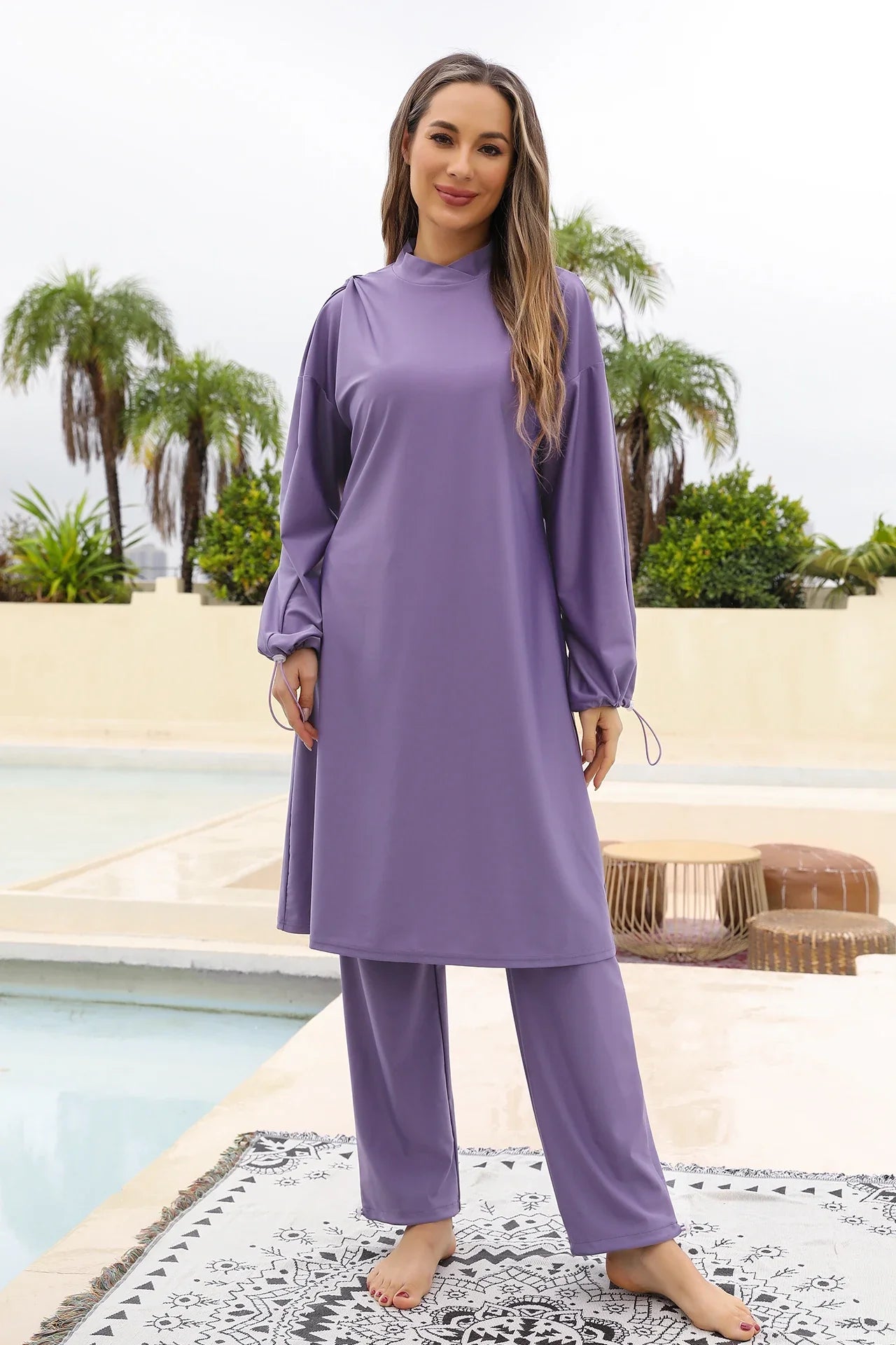 Birkini Muslim Woman 3 Piece Set Borkini Elastic Cuff Tops+Long Pants+Head Cap Islamic Clothing Dubai Turk Hijabi Swimsuit