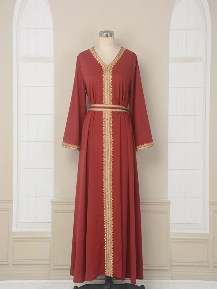 Long Dress For Prom V-neck Women Abaya Muslim Robe Gold Beaded Lace Simple Fashion Dress with Belt Casual Dubai Arab Kaftan Deep red