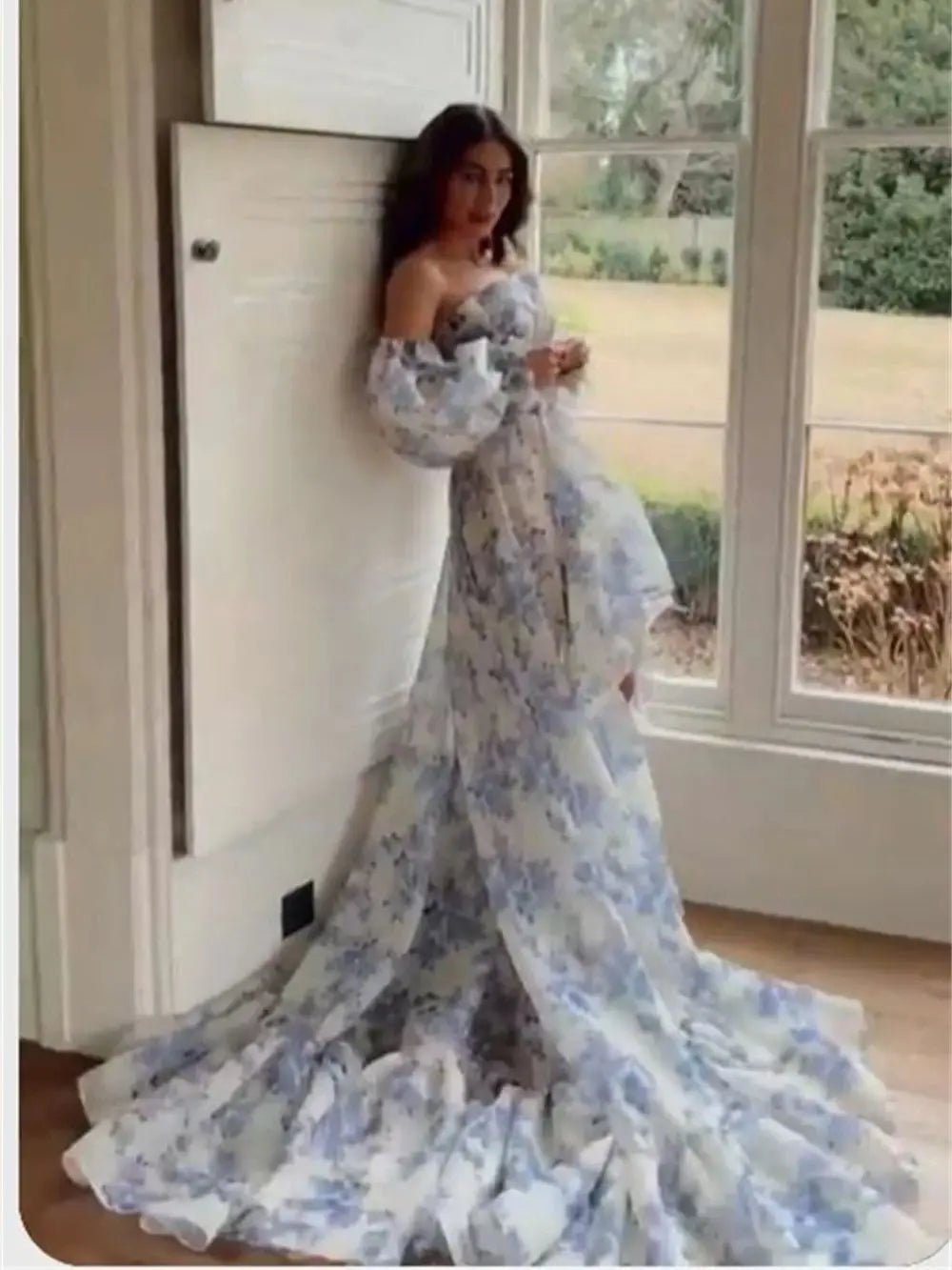 Puffy Sleeve Printing A-line فساتين السهرة Sweet Blue Organza Vestidos De Noche Romantic Strapless Long Tail Prom Dresses Blue