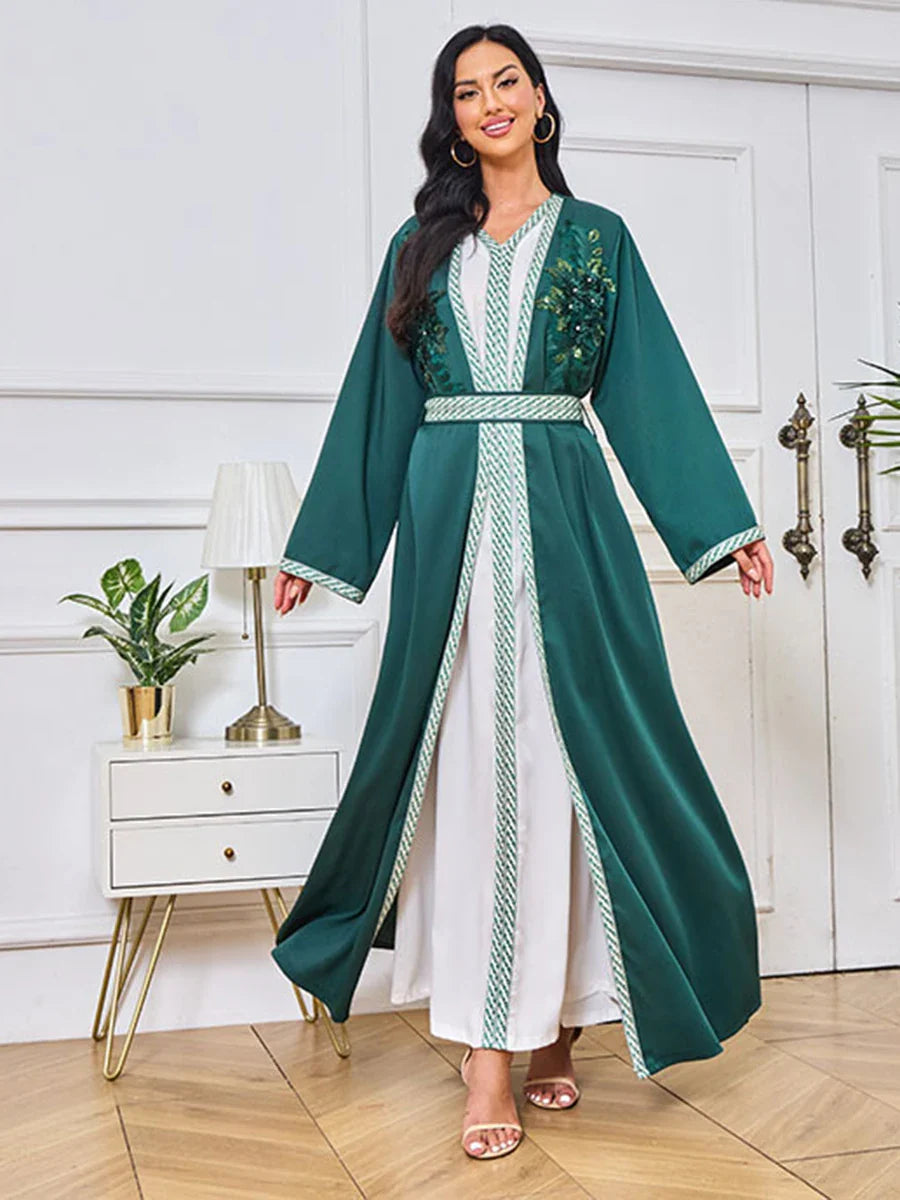 Fashion Moroccan Kaftan For Women 2 Piece Set Sashes Guipure Lace Insert Full Sleeve Elegant Chic Female Long Dresses Green Dress