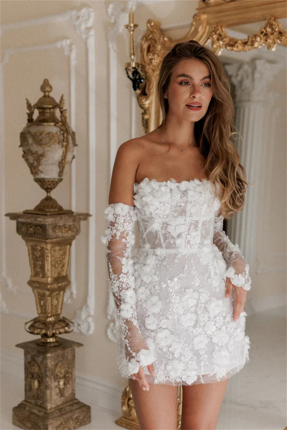 \Flora Lace Appliques Prom Dresses Off Shoulder Mini Evening Dress Detachable Sleeves Lace-up Back vestidos de fiesta