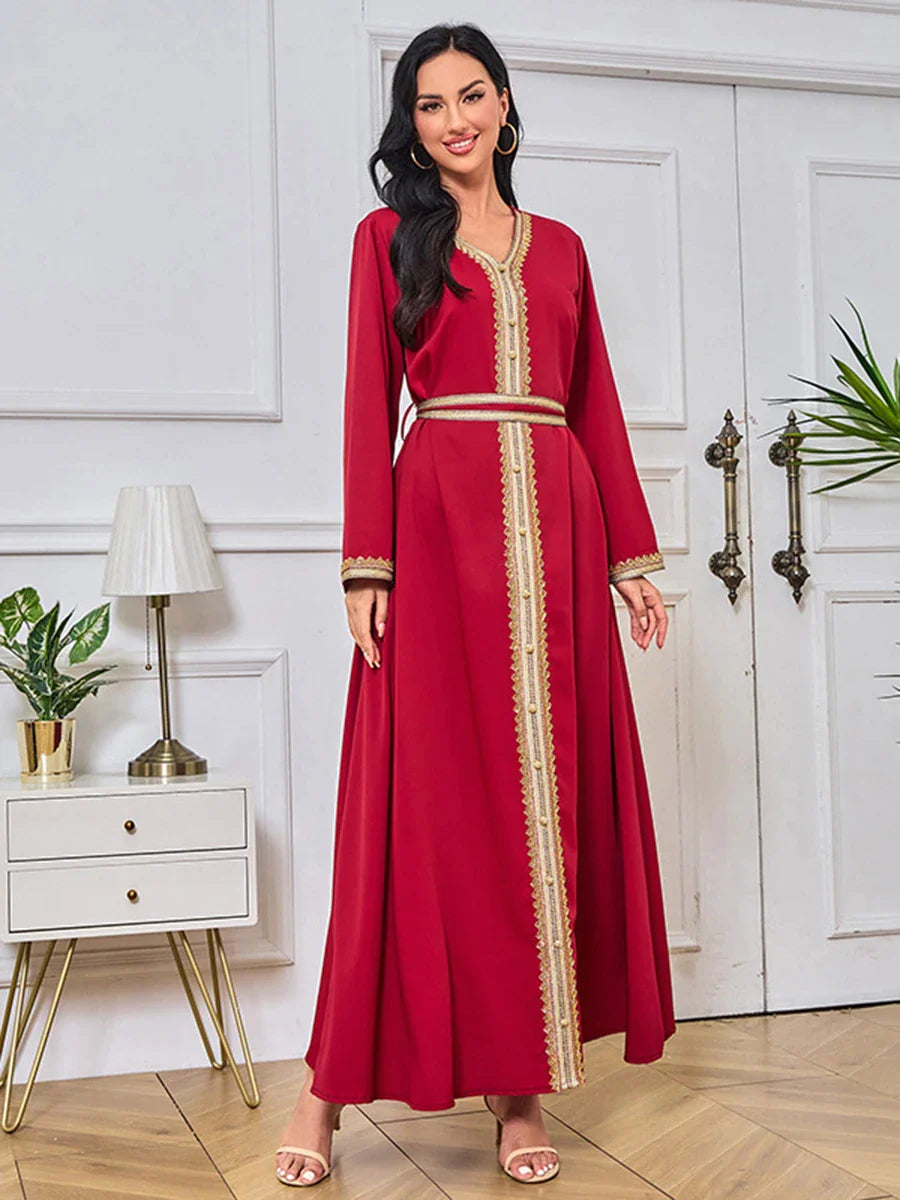 Fashion Solid Abaya Islamic Tape Trim Full Sleeve V-Neck Belted Clothing Elegant Casual Moroccan Kaftan For Women Red Dress