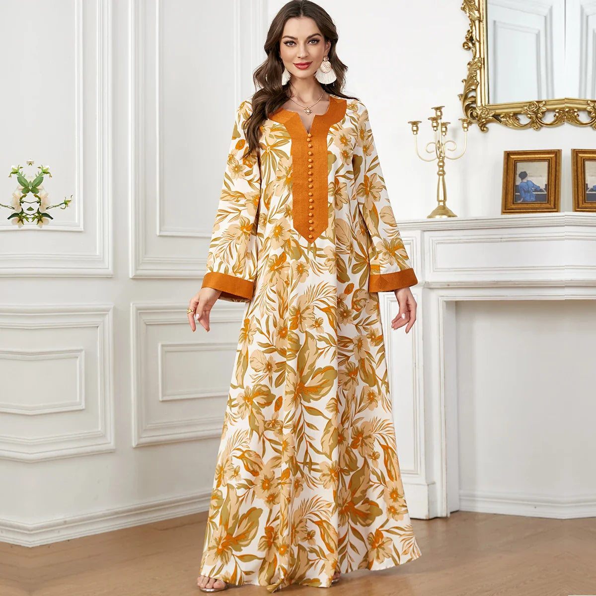 Kaftan for Woman Floral Print Dubai Saudi Jalabiya Islam Clothing Long Arabic Dress Ramadan Hijabi Robe Muslim Abaya (No Scarf) Orange