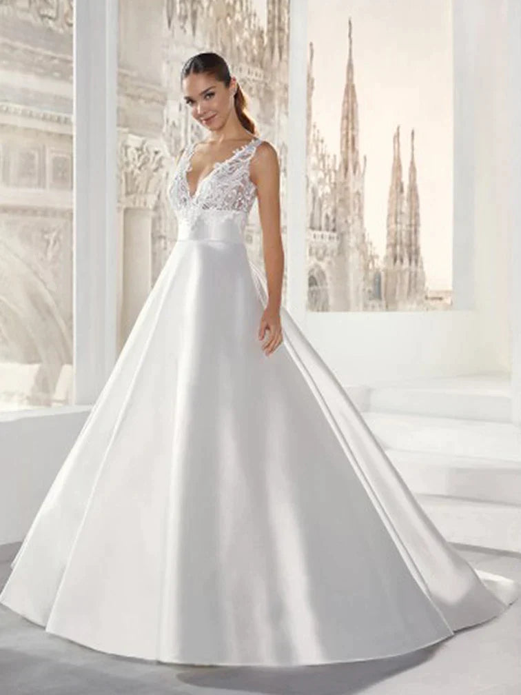 Wedding Dresses Elegant A-Line Regular Straps Modern Satin Lace Applique Backless Bridal Gown Vestidos De Novia White