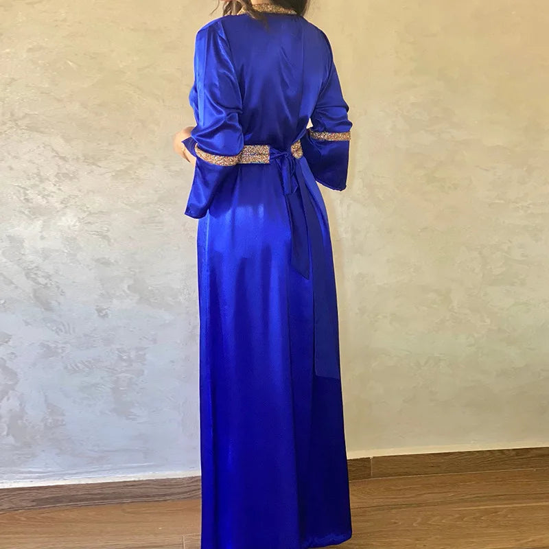 Caftan Kaftan Abaya Women Ramadan Gurban V-neck Long Sleeves Women Robe Dubai Muslim Arab Wedding Abaya Fashion Women Clothing