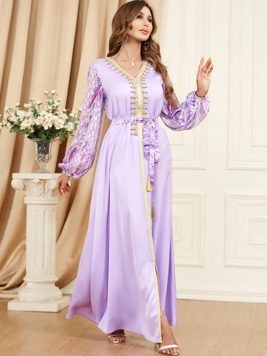 Elegant Muslim Maxi Dress for Women Refreshing Mint Green Summer Abaya Ethnic Golden Ribbon V Neck Beaded Long Sleeve Jalabiya Purple Dress