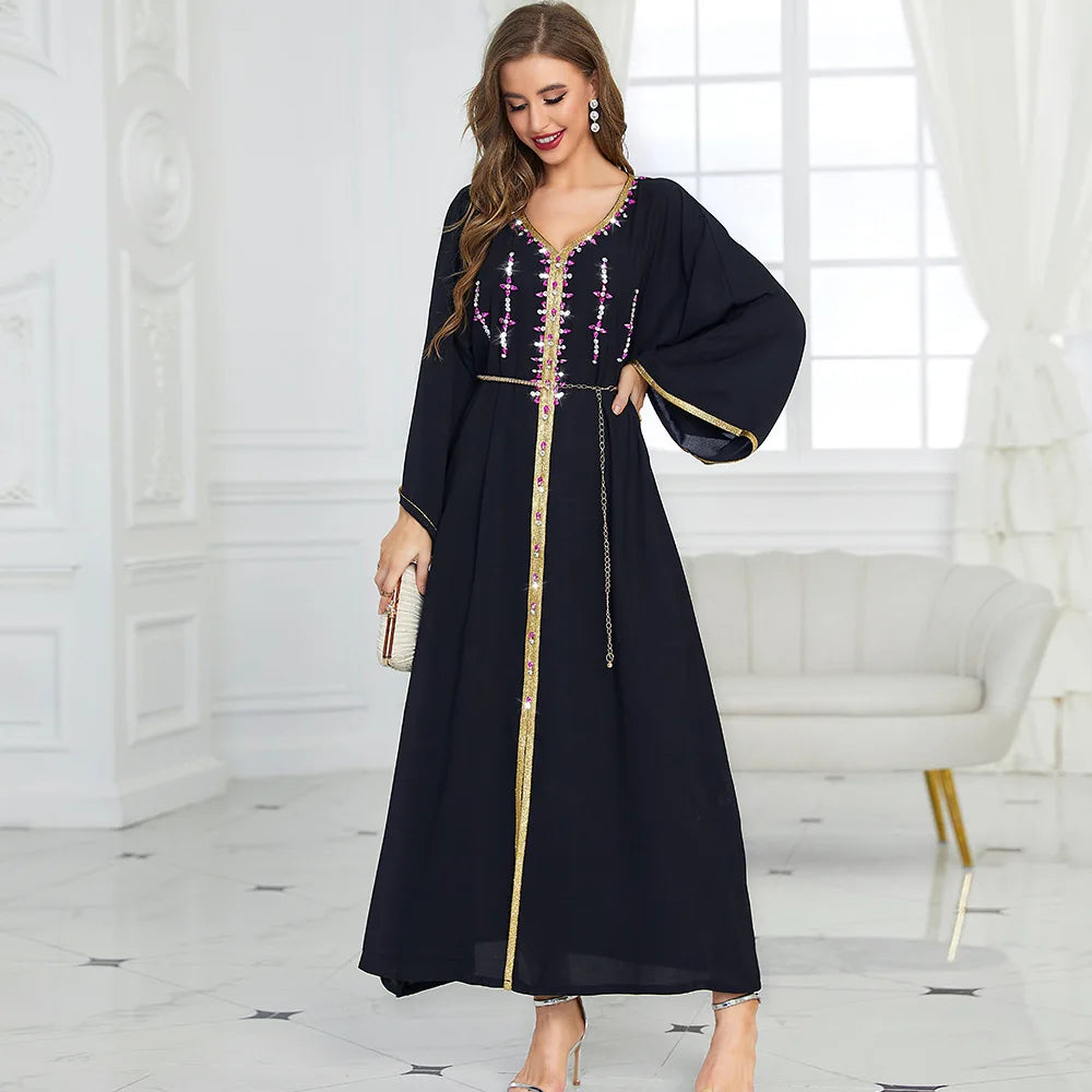 Ramadan Dubai Kaftan Muslim Women Long Dress Satin Abaya Arab Middle East Islamic Luxury Rhinestone Party Gown Moroccan Jalabiya EEC175-1