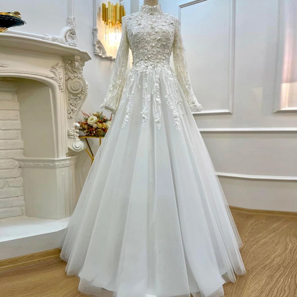 High Neck A Line Princess Wedding Dresses For Women Bride Full Sleeves Lace 3D Flowers Elegant Bridal Party Gown