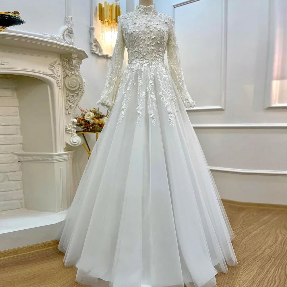 High Neck A Line Princess Wedding Dresses For Women Bride Full Sleeves Lace 3D Flowers Elegant Bridal Party Gown Ivory