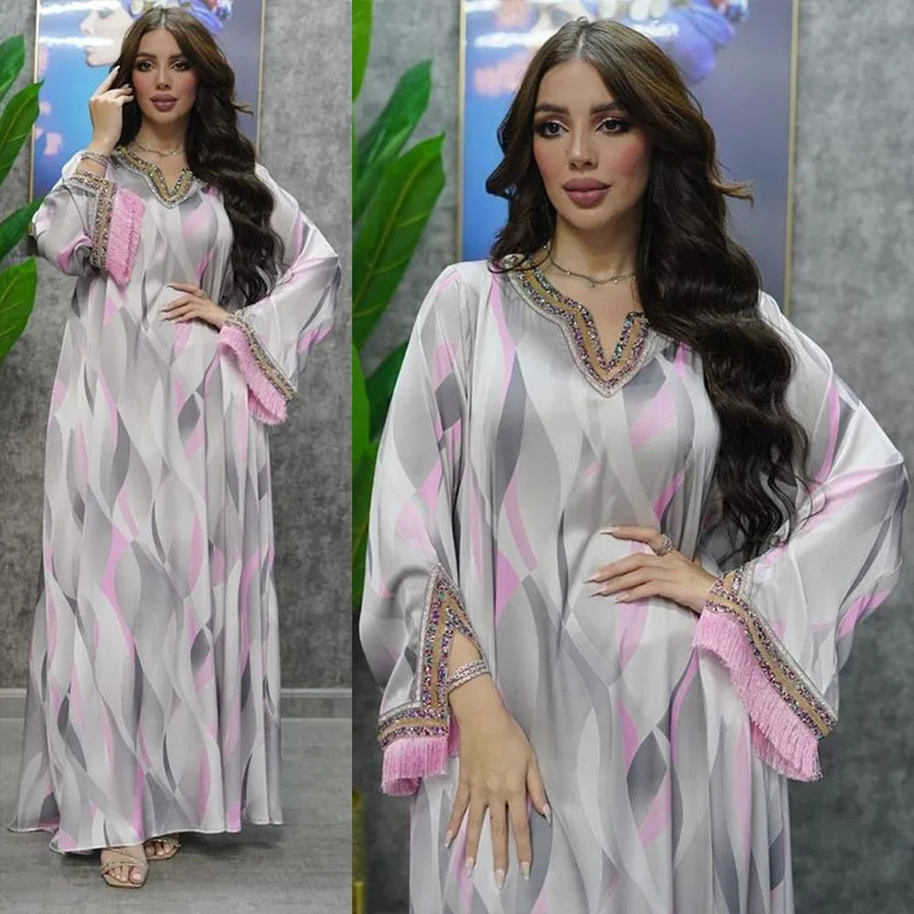 Caftan Kaftan For Wedding Ramadan Vneck Long Dress Moroccan Turkey Dubai 2023 New Long Sleeves Print Abaya Dress Female Clothing grey