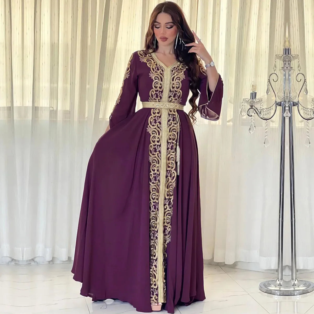 Dubai Women Abaya Caftan Kaftan Ramadan Gurban Festival Arab Embroiled Decal Dress Museum Party Dinner Robe Wedding Kaftan Purple