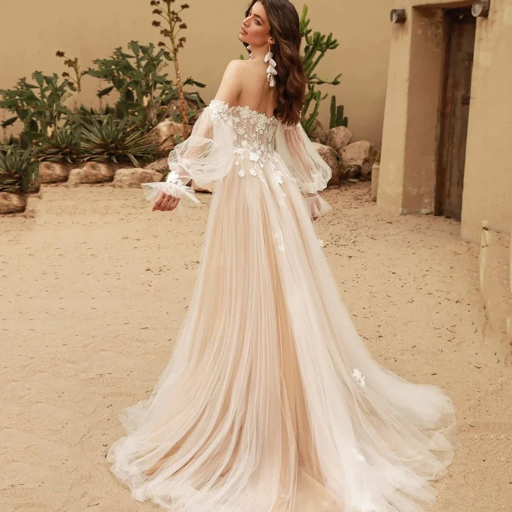 Classic Wedding Dresses A-Line Tulle Bridal Gowns Lace Appliques Off The Shoulder Vintage Robes Puff Sleeves Vestidos De Novia