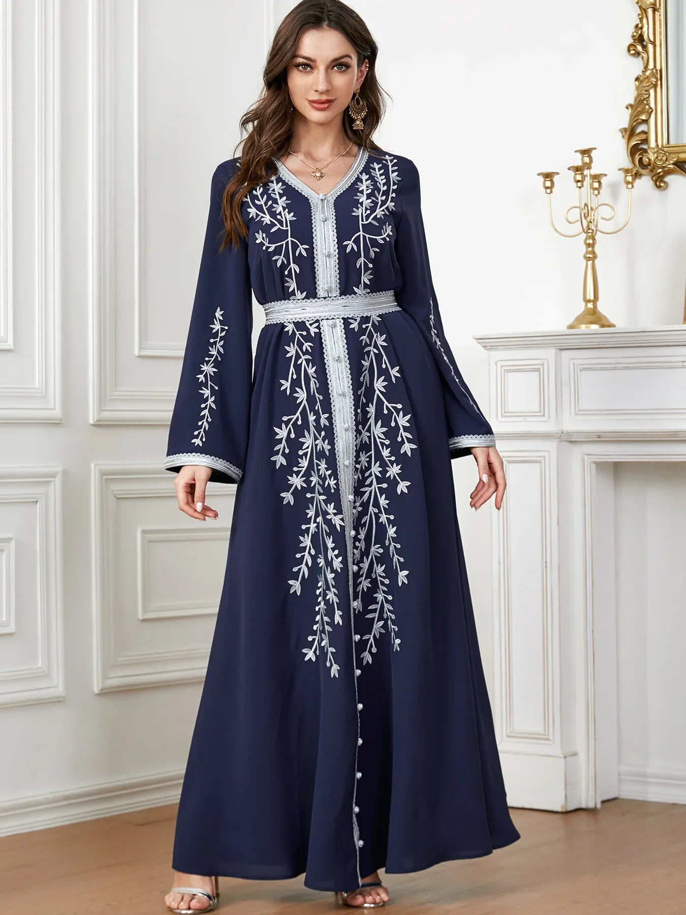 Eid Mubarak Muslim Embroidery Abayas For Women Maxi Dress Turkey Arabic Islam Moroccan Evening Party Jalabiya Caftan Gown Kaftan Navy