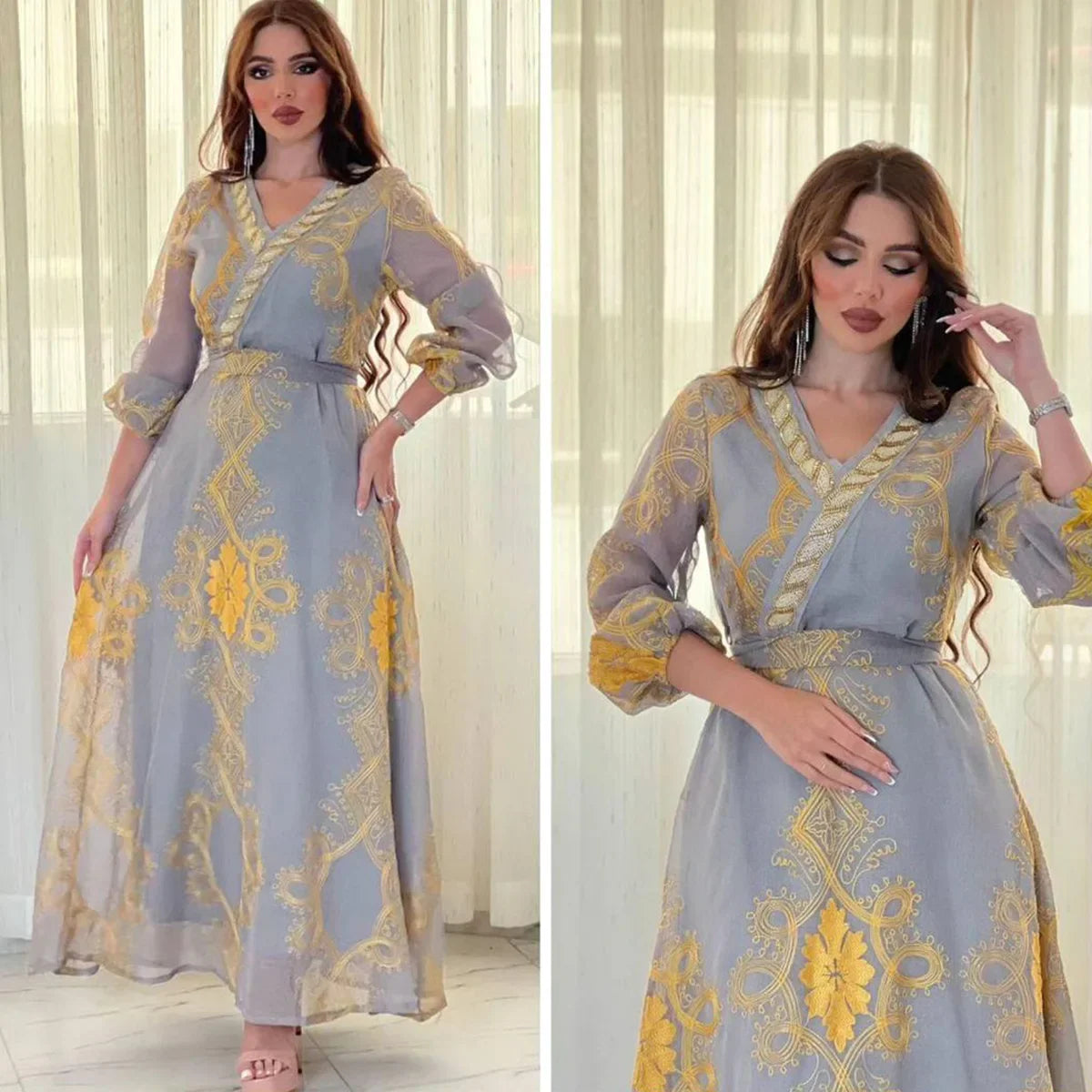 Abaya Caftan For Women Four Seasons Ramadan Gurban Festival Arab Dubai Embroiled Decal Dress Museum Robe V-neck Middle East deep Space Gray