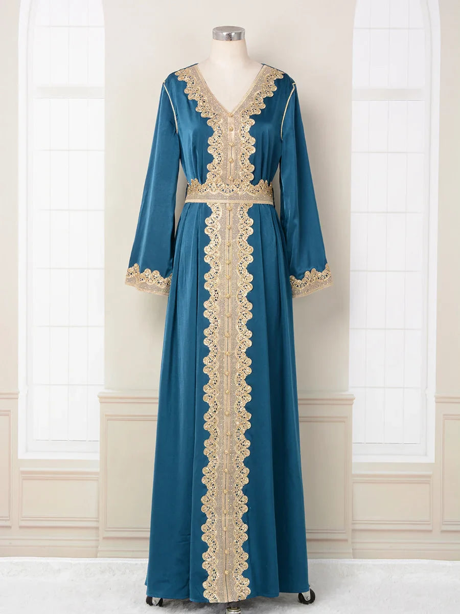 Moroccan Caftan Kaftan V-neck Abaya Long Dress For Prom Women Muslim Abaya Embroiled Lace Fashion High End Long Dress with Belt Blue