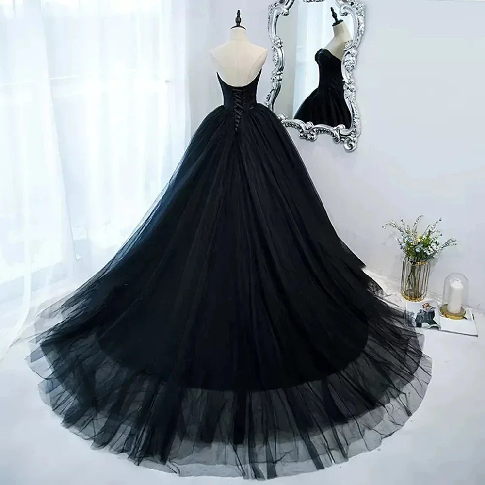 Gothic Black Tulle Prom Dresses Princess Sweetheart Satin Top Women Formal Evening Gowns Exposed Boning Night Met Gala Party