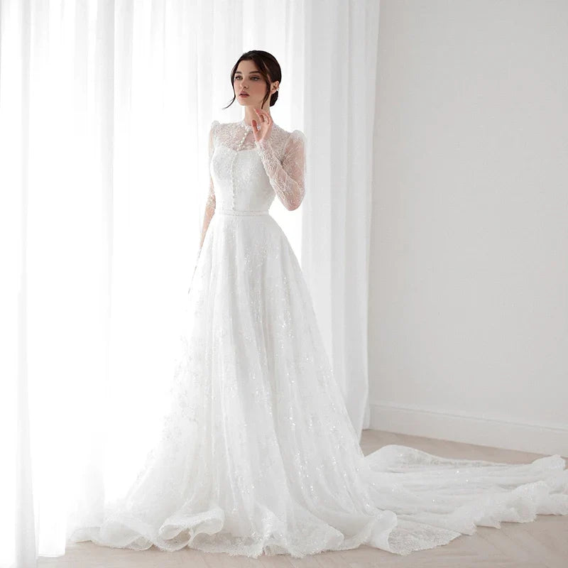 Elegant A-Line Wedding Dresses 2025 Long Sleeve Lace Glitter Bridal Dress Boho Beach Wedding Prom Ball Gowns Customized WHITE