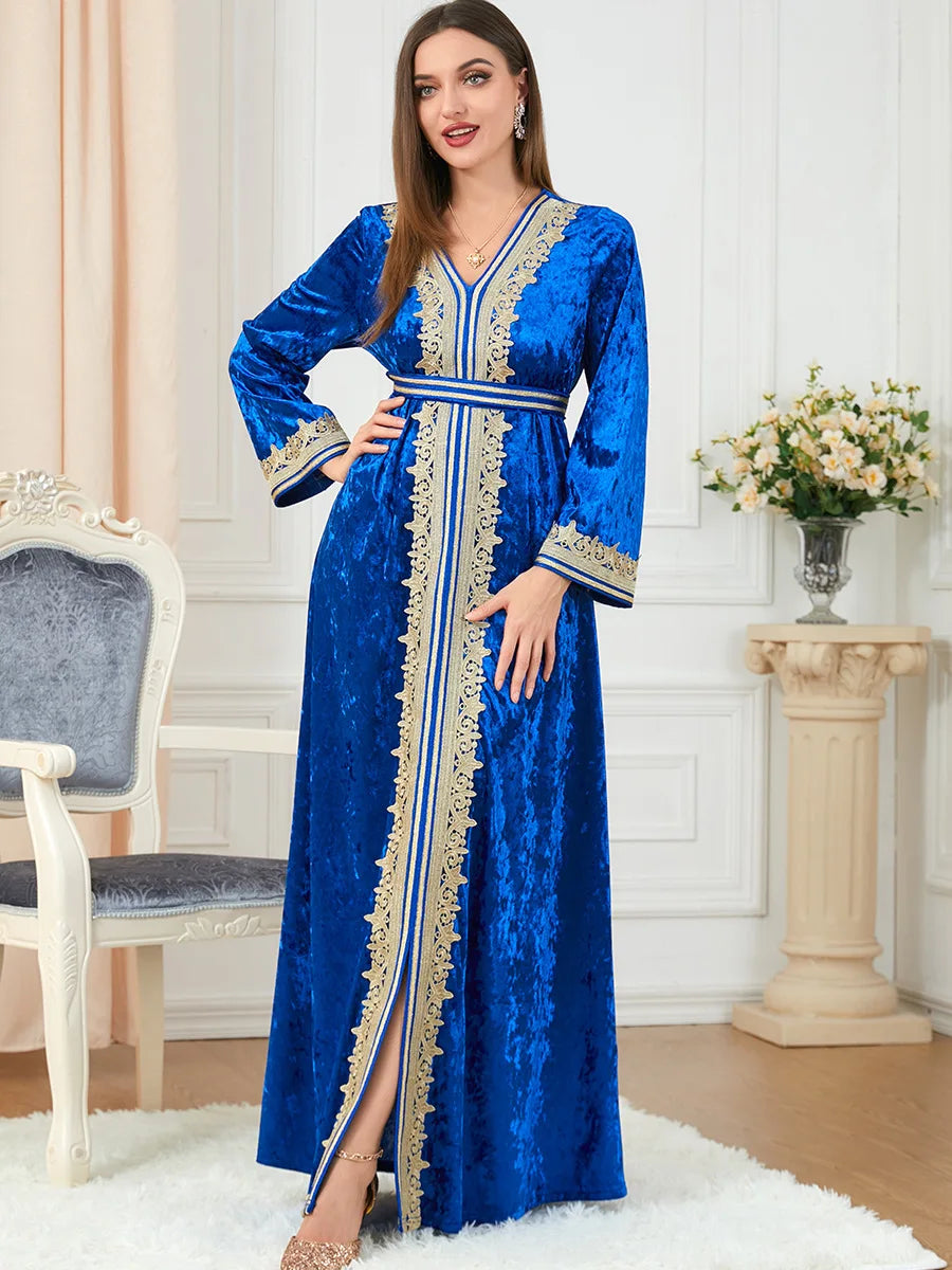 Dubai Luxury Velvet Autumn Winter Dresses Saudi Women Abaya Solid Long Sleeve Belted Muslim Ramadan Moroccan Kaftan Blue Dress