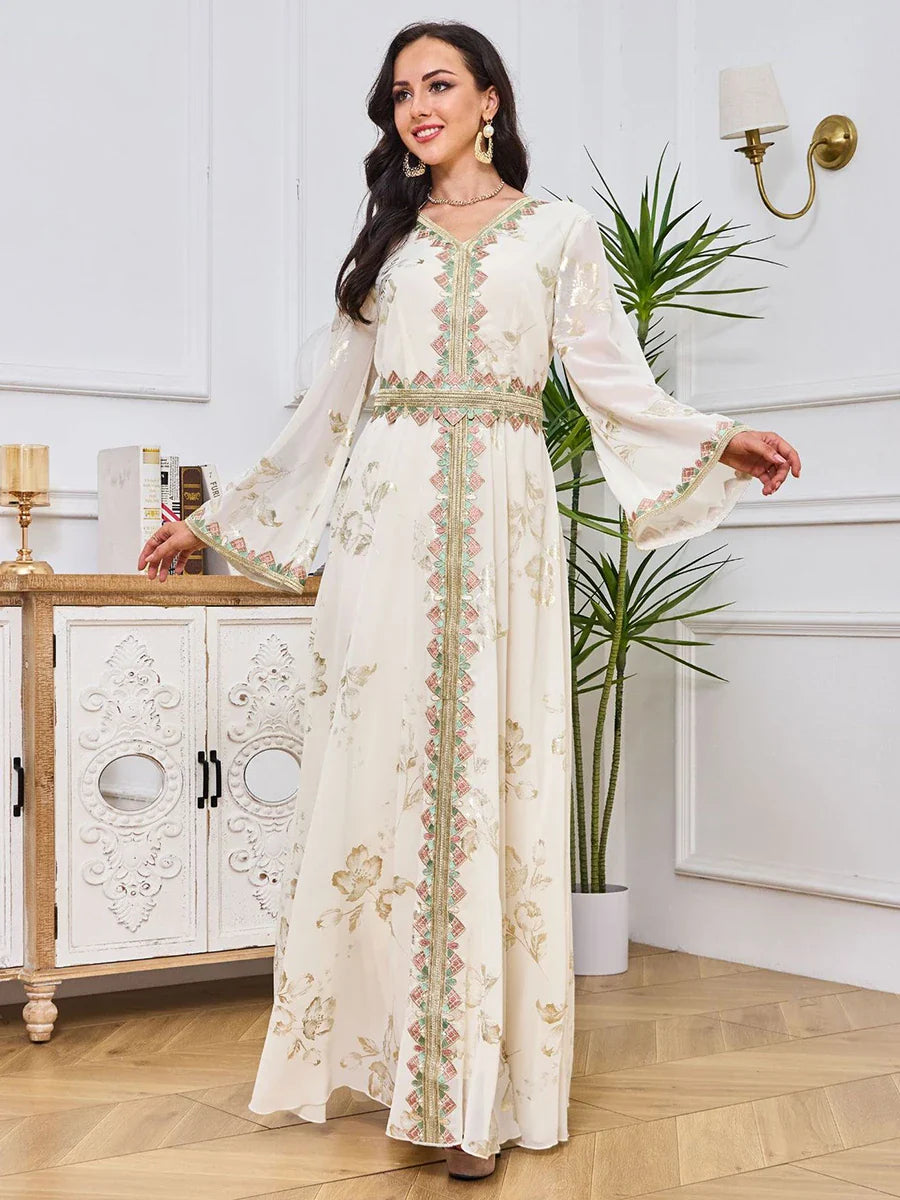 Fashion White Printing Turkish Long Dress Female Tape Trim Full Sleeve V-Neck Belted Clothing Abayas For Muslim Women White Dress