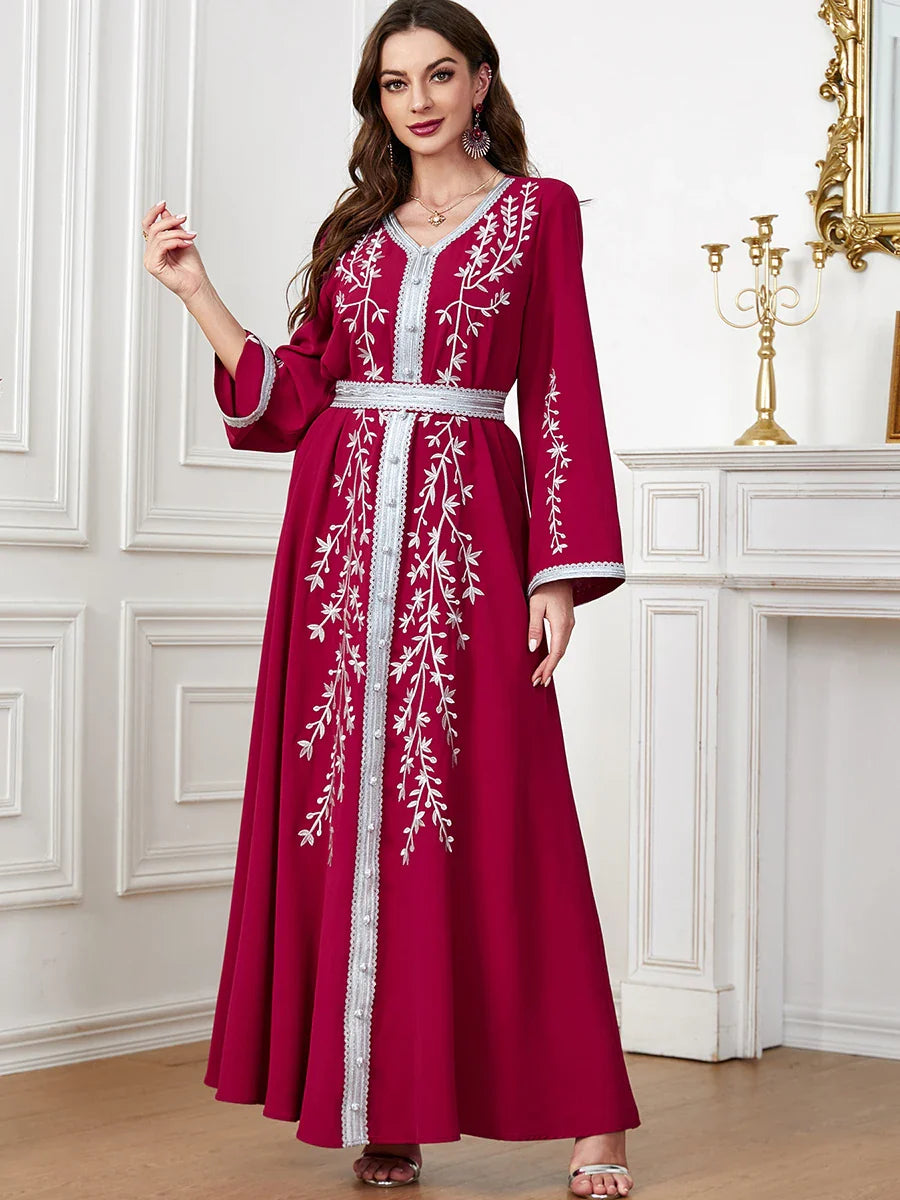 Muslim Dress Modest Fashion Emberoidery Solid Long Sleeve V-Neck Belted Clothing Casual Abayah For Women 2023 Dubai Red Dress