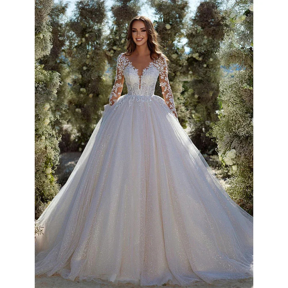 Modern Glitter Tulle Wedding Dresses Long Sleeves V Neck Bridal Gowns For Bride Robe De Mariée Wedding Gown For Women Photo Color