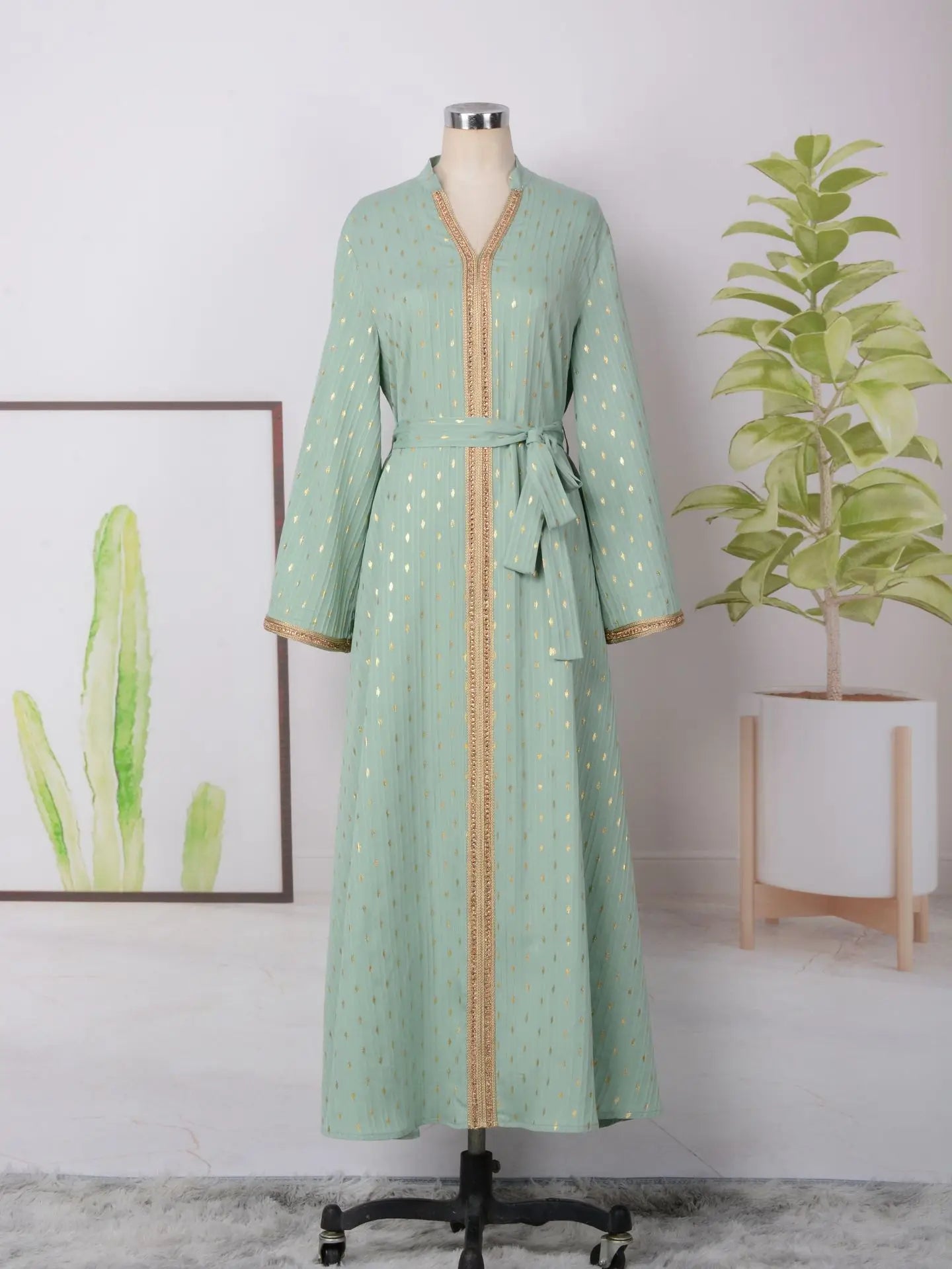 Kaftan Dresses for Women Gold Stamping Crinkled Fabric Belted Arabic Robe Muslim Caftan Islamic Dubai Moroccan Jalabiya Ramadan Light Green