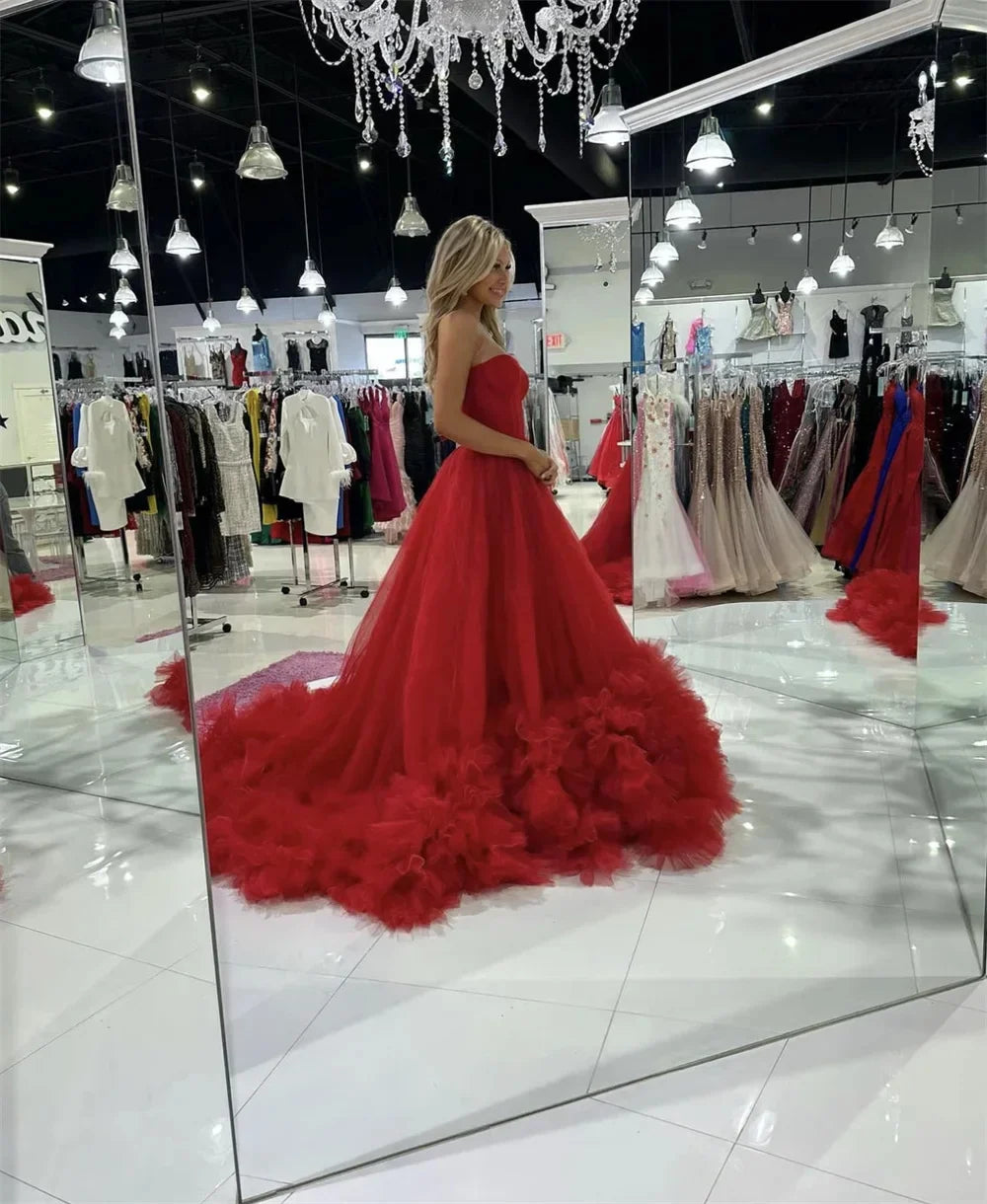 Princess Red Prom Dress Sweetheart Ball Gown Vestidos De Noche Multilayer Puffy Prom Dress Sleeveless Weddding Dress