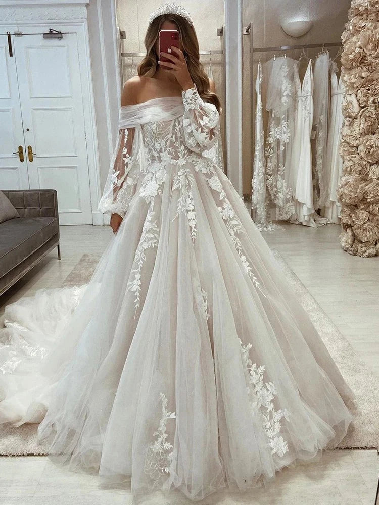 Exquisite Lace Off The Shoulder Wedding Dresses A Line Appliques Long Sleeves Princess Boho Bridal Gowns Vestidos De Novia WHITE