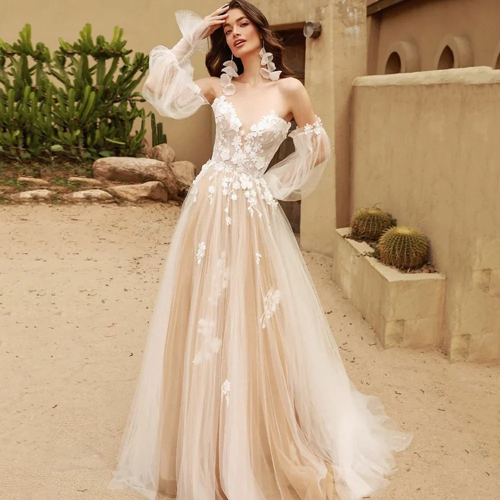 Classic Wedding Dresses A-Line Tulle Bridal Gowns Lace Appliques Off The Shoulder Vintage Robes Puff Sleeves Vestidos De Novia