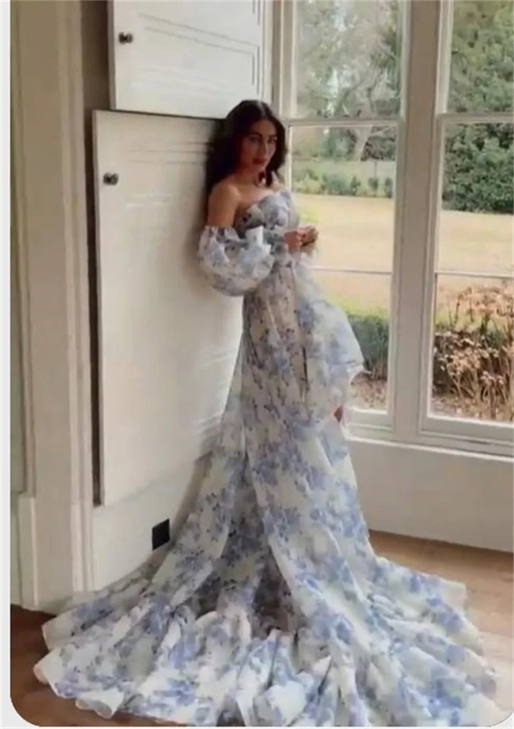 Puffy Sleeve Printing A-line فساتين السهرة Sweet Blue Organza Vestidos De Noche Romantic Strapless Long Tail Prom Dresses