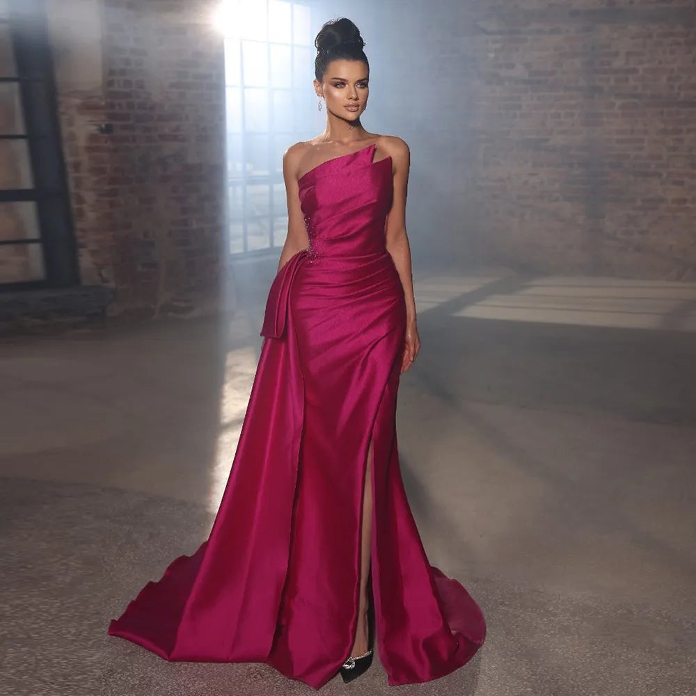 Elegant Mermaid Long Fuchsia Evening Dresses Arabic Overskirt Side Slit Women Wedding Formal Party Gowns SS402