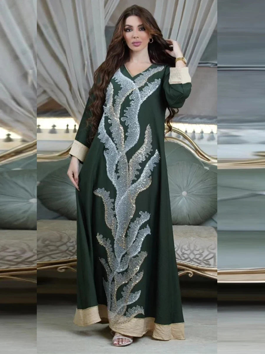 Abaya Muslim Fashion Mesh Diamonds Patchwork Full Sleeve V-Neck Belted Clothing Casual Loose Moroccan Women Long Dress Green Dress