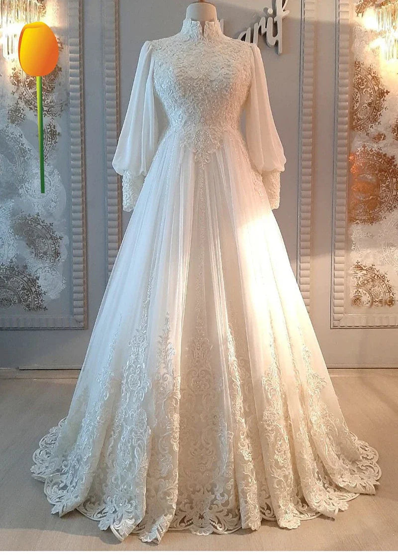 Elegant Tulle Appliques Muslim Wedding Dresses For Woman Long Sleeve High Neck Arabic Dubai Bride Gowns Robe De Mariage WHITE 2