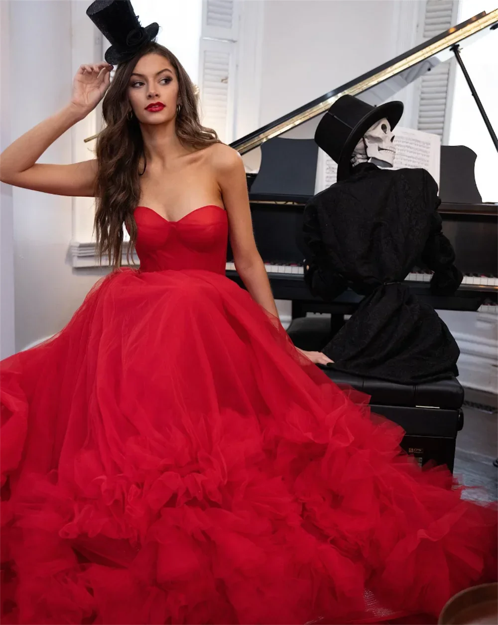 Princess Red Prom Dress Sweetheart Ball Gown Vestidos De Noche Multilayer Puffy Prom Dress Sleeveless Weddding Dress