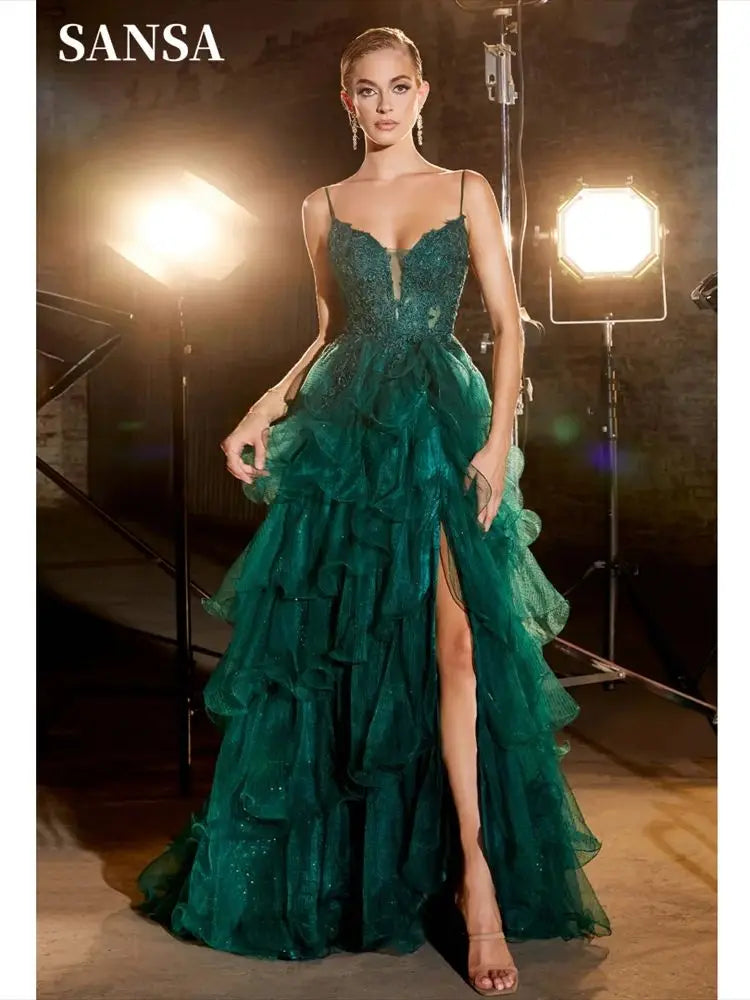 Lace Embroidery Edge Curl Prom Dress Elegant Dark Green Multilayer Vestidos De Noche Sexy Spaghetti Strap Party Dresses as pic