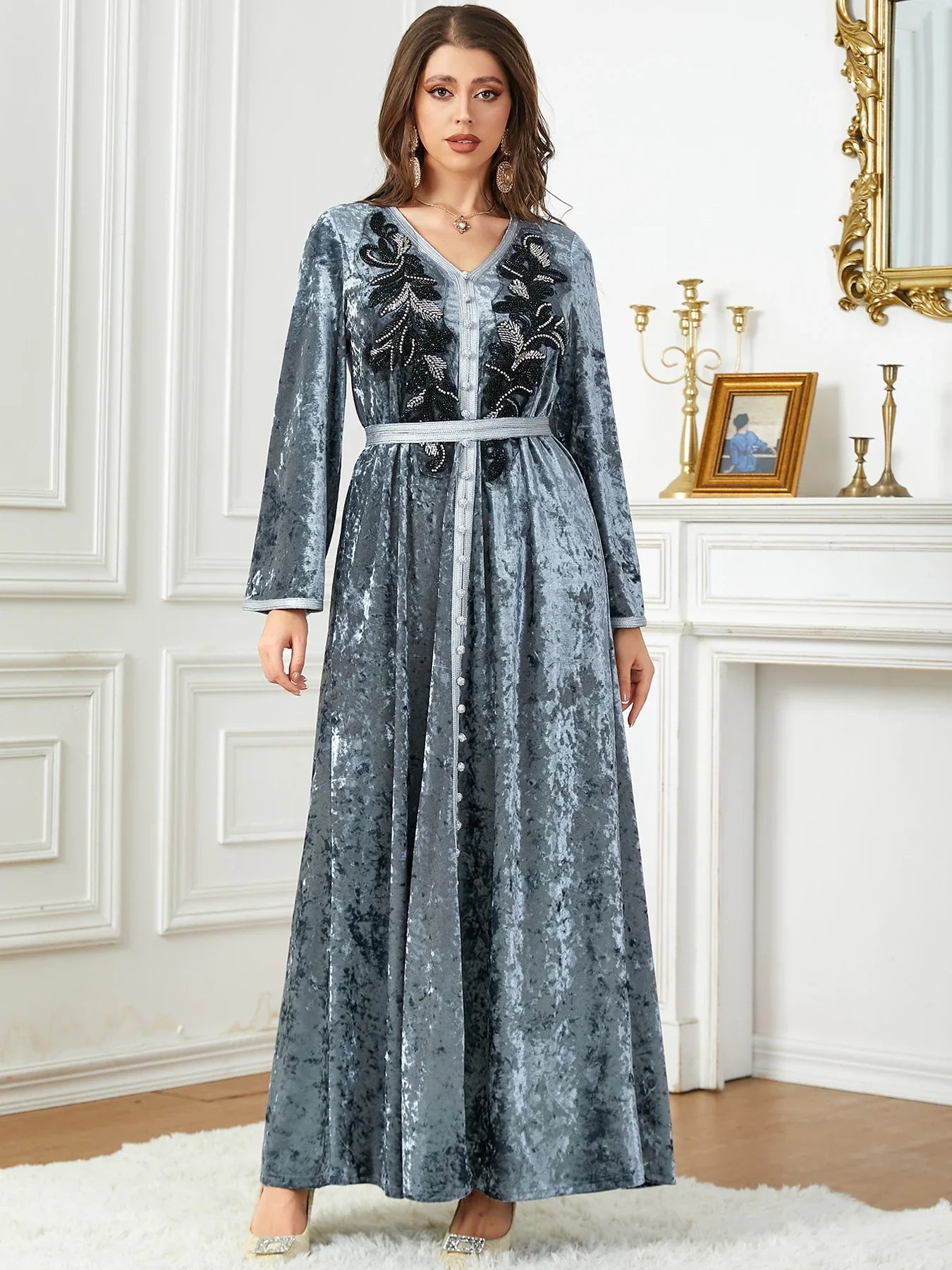 Velour Kaftan Dubai Moroccan Belted Arabic Dress Evening Party Winter Abaya Islamic Clothing Embroidery Appliques Muslim Women