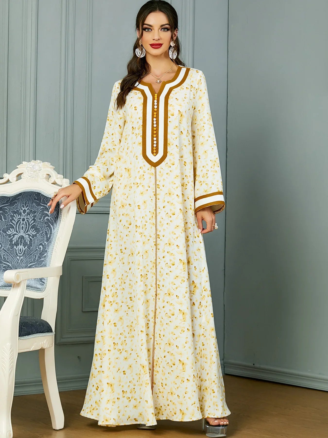 Muslim Evening Maxi Dress Towel Embroidered Women's Wear Button Fashion Kaftan Arabic Robe Casual Abaya Clothes 2024 Summer New Yellow