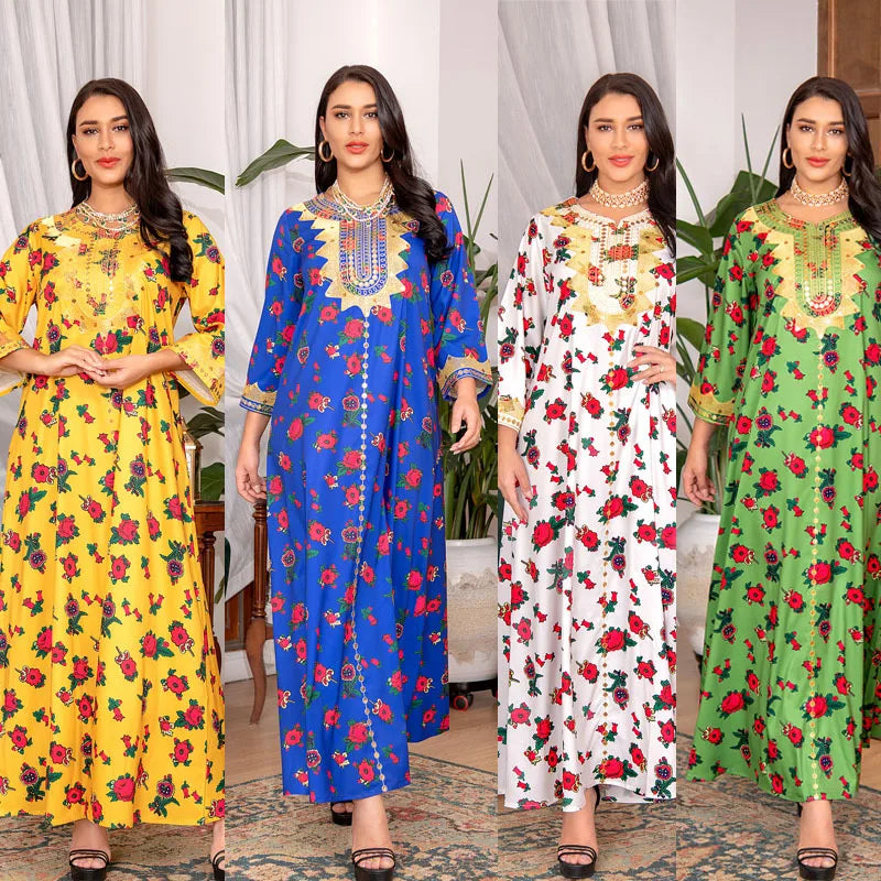 Moroccan Muslim Abaya Floral Print Women Long Maxi Dress Turkey Arab Dubai Eid Party Femme Ramadan Kaftan Jalabiya Vestidos Gown