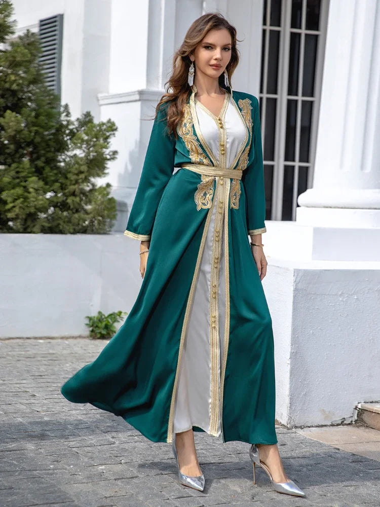 Eid Muslim Party Dress for Women Jalabiya Abaya 2 Piece Set Ramadan Long Dresses Abayas Woman Beading Robe Caftan Vestidos