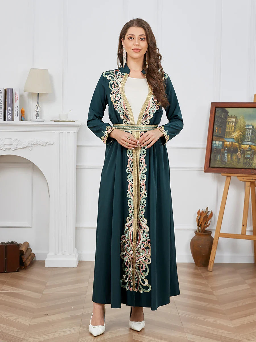 Women Dubai Abaya Jalabiyat Fashion 2 Set White Under Dress And Lace Tape Long Sleeve Belted Moroccan African Kaftan Green Dress