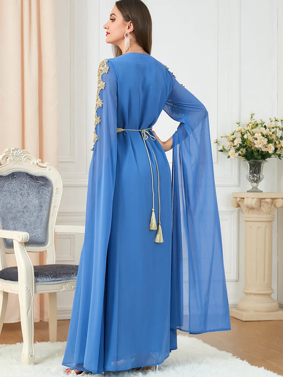 Chiffon Arabic Dresses for Women Extra Long Sleeve Moroccan Kaftan Embroidery Appliques Evening Party Islamic Kaftan Ramadan