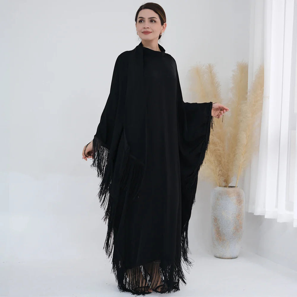 Kaftan Dress Moroccan Caftan Muslim Women Islamic Clothing Dubai Turkish Abaya Tassel Evening Party Ramadan Eid Arabic Robe Black