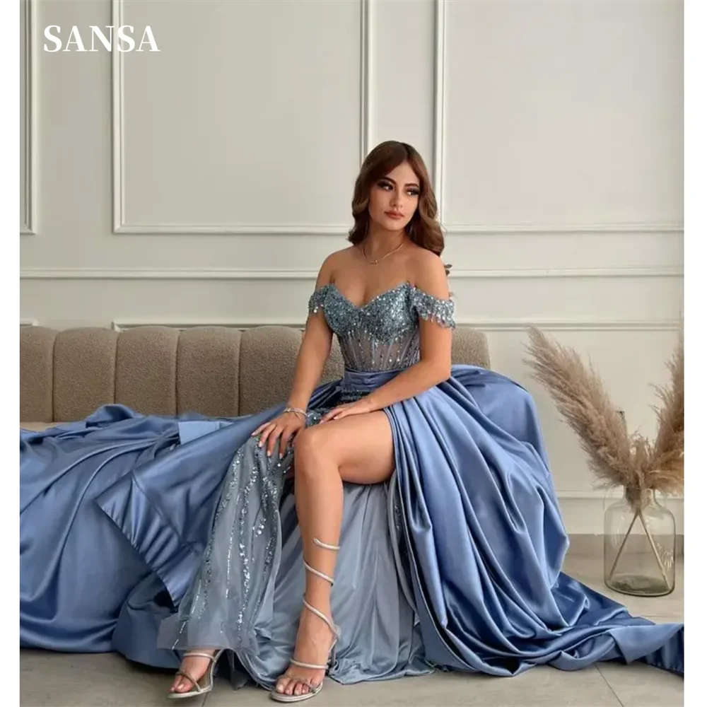 Blue Off Shoulder Prom Dress Sexy Side Split Vestidos De Noche Blue Silk Sequins Mermaid Wedding Dress فساتين السهرة