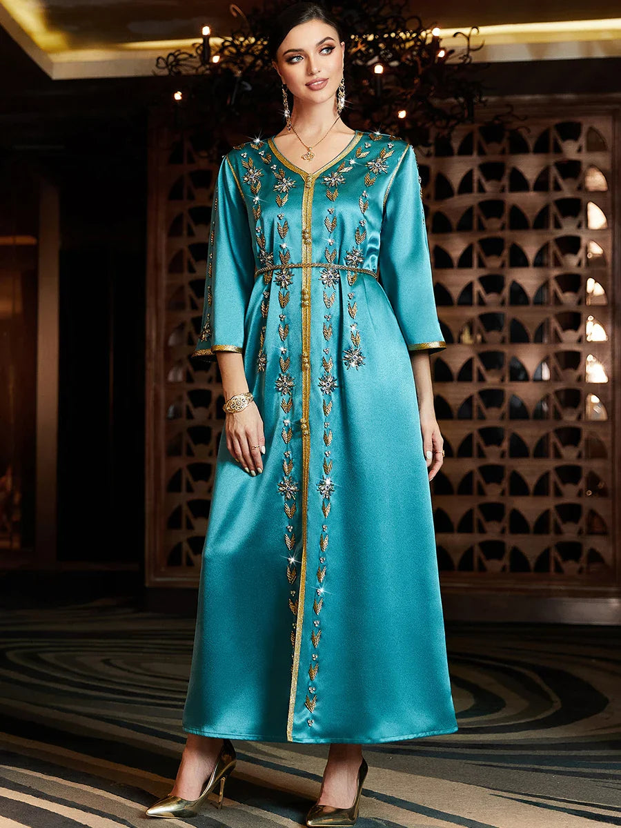 Pure Handwork Rhinestone Beading Turkish Abayas Chic Full Sleeve V-Neck Belted Clothing Evening Dresses Woman Elegant Lake Blue Dress