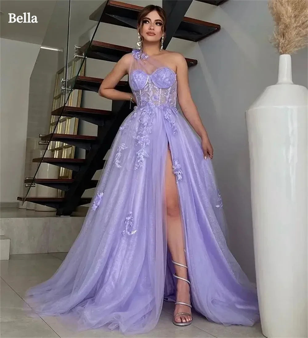 Lavender Tulle Prom Dresses One Shoulder A-line Wedding Dress Elegant Sleeveless Floor-Length Split Vestidos De Fiesta