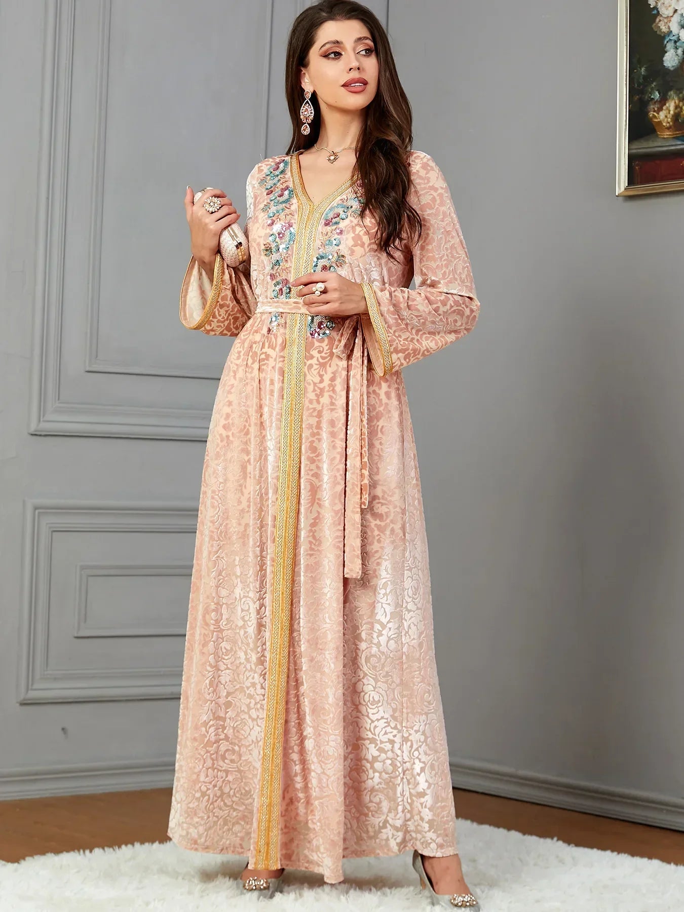 Dubai Autumn Winter Velvet Sequins Belted Evening Party Dress Jalabiyat Moroccan Caftan For Women Saudi Muslim Gown