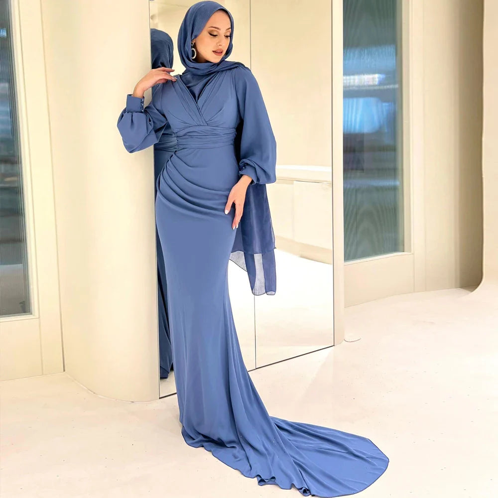 Women Elegant Mermaid V-Neck Muslim Evening Gown Royal Blue Long Sleeves Hijab Formal Occasion Dresses فساتين السهرة picture color 1