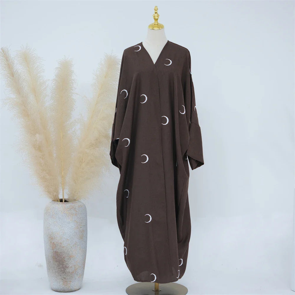 Love Embroidery Open Abaya Kimono Long Maxi Dress Coat Hijab Muslim for Women Islam Modest Clothing Eid Party Turkish Dubai Robe 043-3Moon Coffee