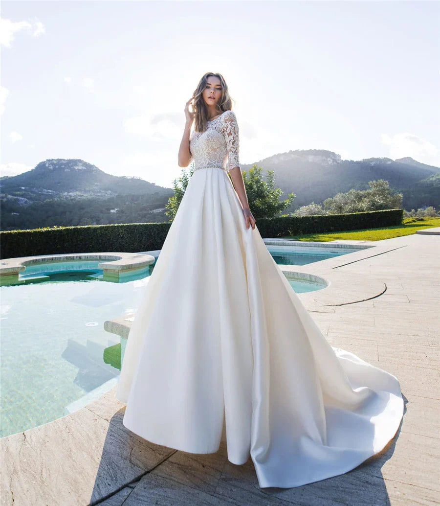 Half Sleeves A-Line Wedding Dresses Modest Satin Bridal Gowns Garden Custom Modest European Fashion Beach Robe De Mariee